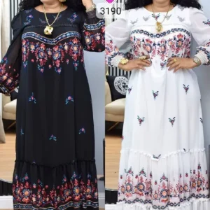 Long-Sleeve Embroidered Tiered Chiffon Maxi Gown